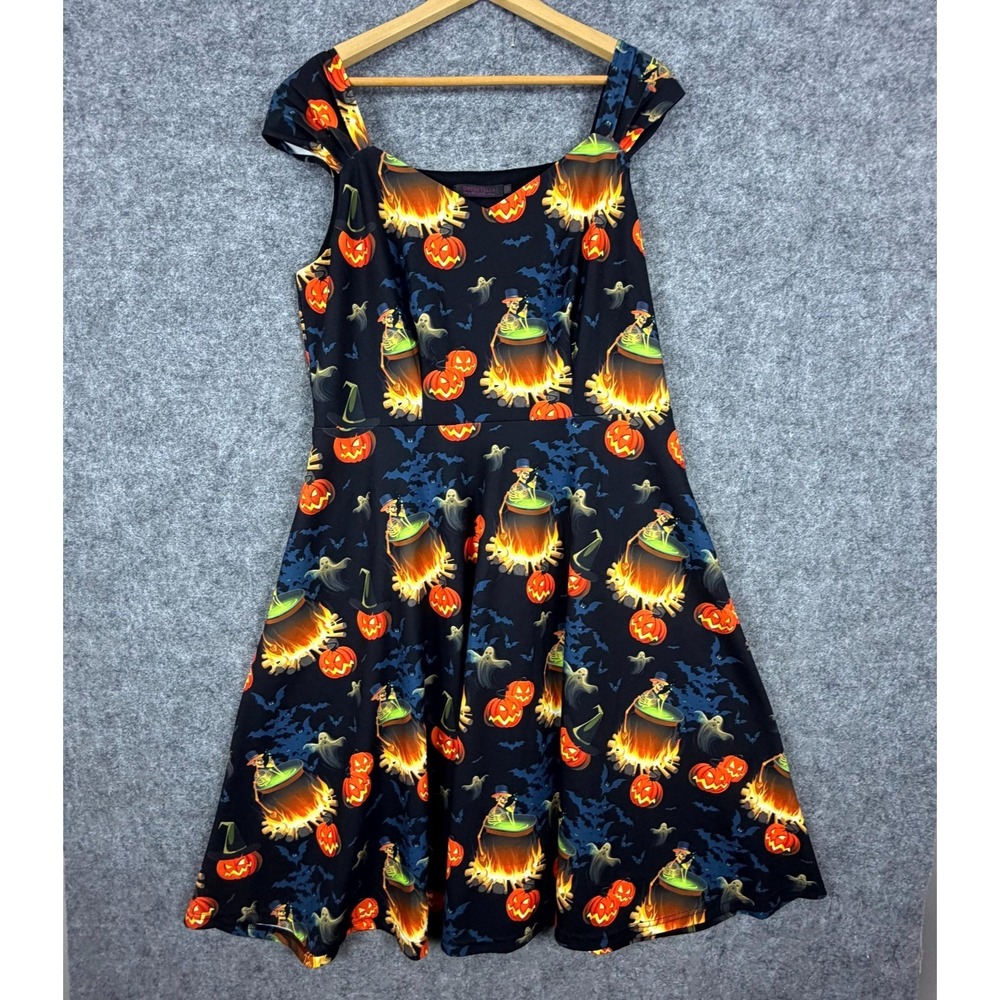 Dress Tells Swing Womens 3XL Black Halloween Pumpkin Cauldron Ghost Print V-Neck